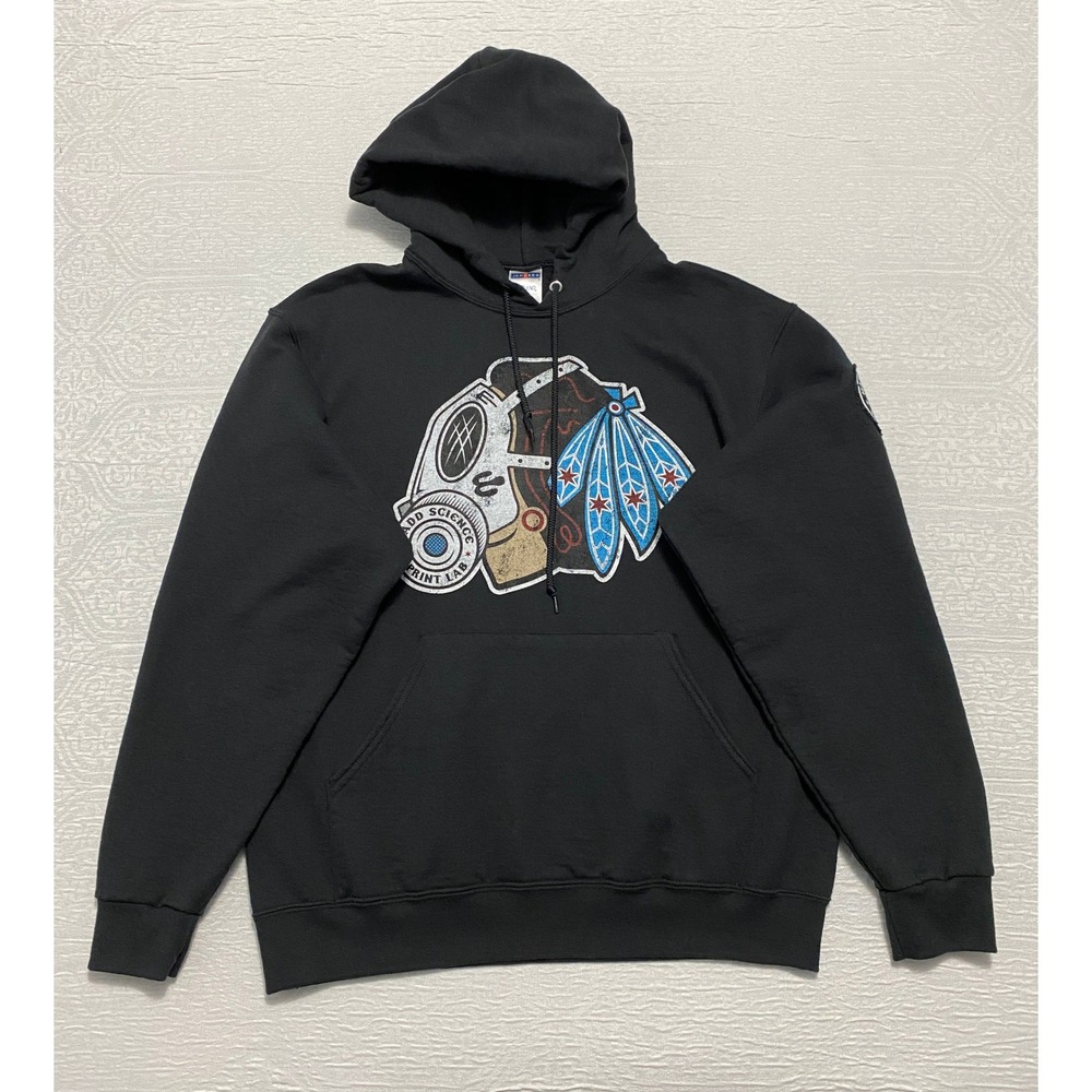 Madd Science Print Lab Graphic Hoodie Black Gas Mask Feather Logo Jerzees Mens M